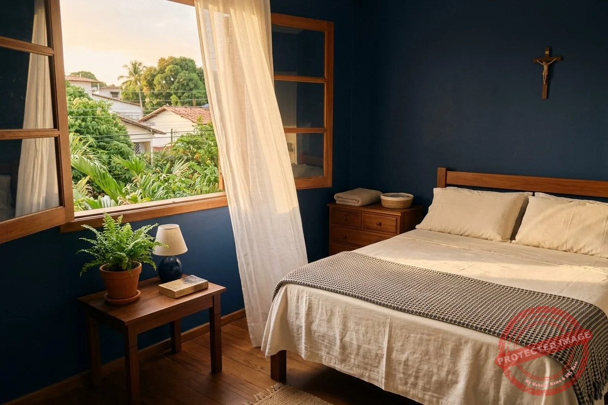 Quarto simples e arrumado, com a cama feita e luz suave da manhã entrando pela janela