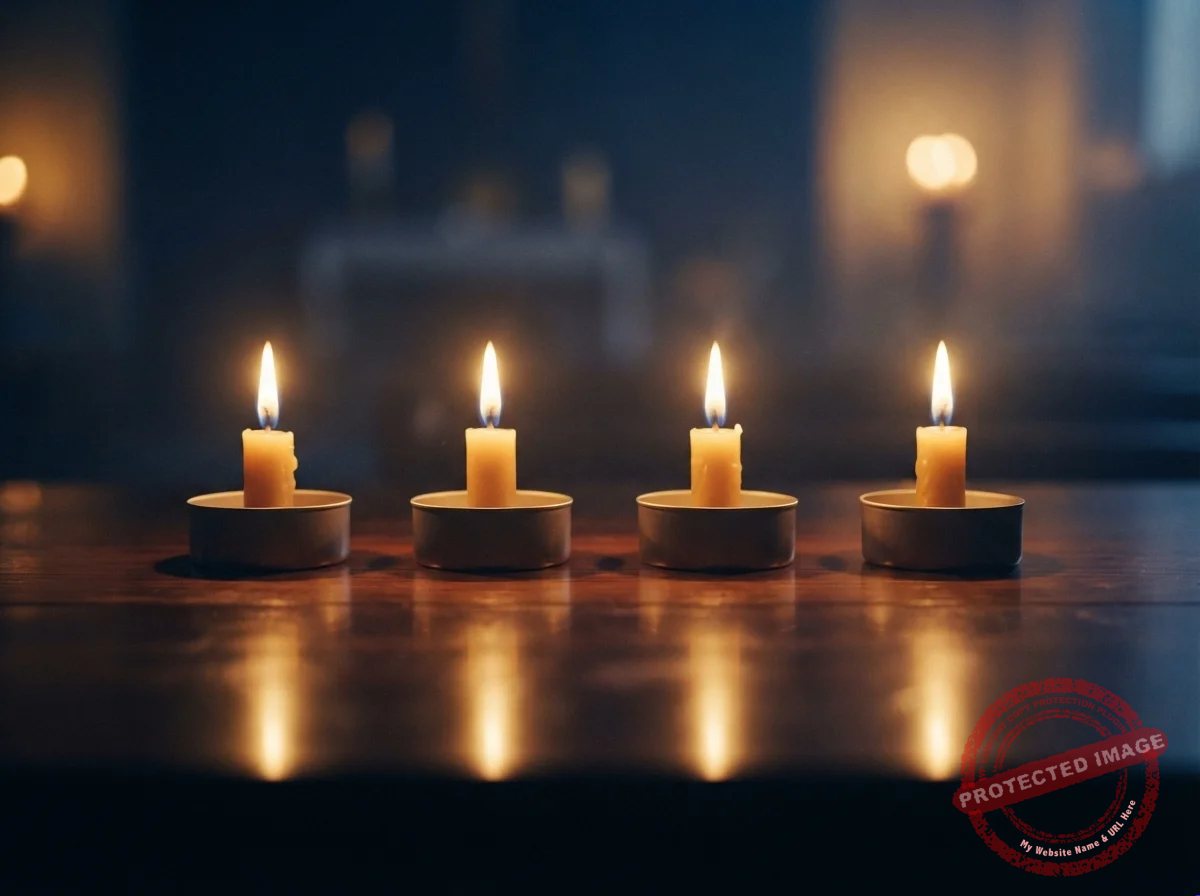 Quatro velas acesas em fileira sobre madeira escura, simbolizando as quatro frases