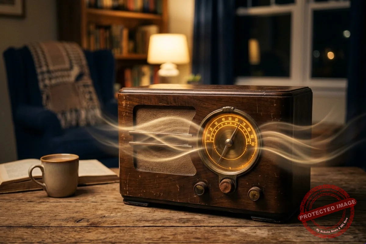 Rádio antigo sintonizando uma estação, imagem da ressonância entre vibração e dinheiro