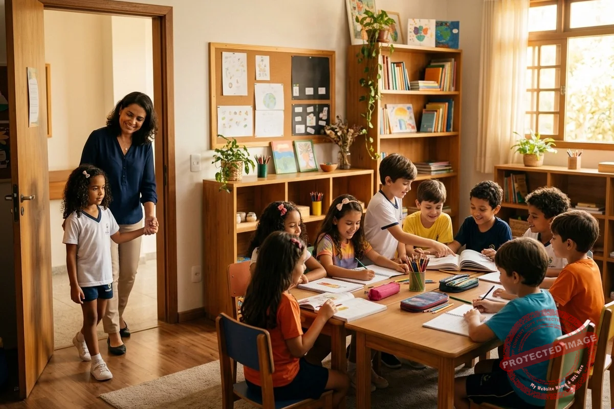 Sala de aula com crianças estudando juntas, analogia da ressonância na transição planetária