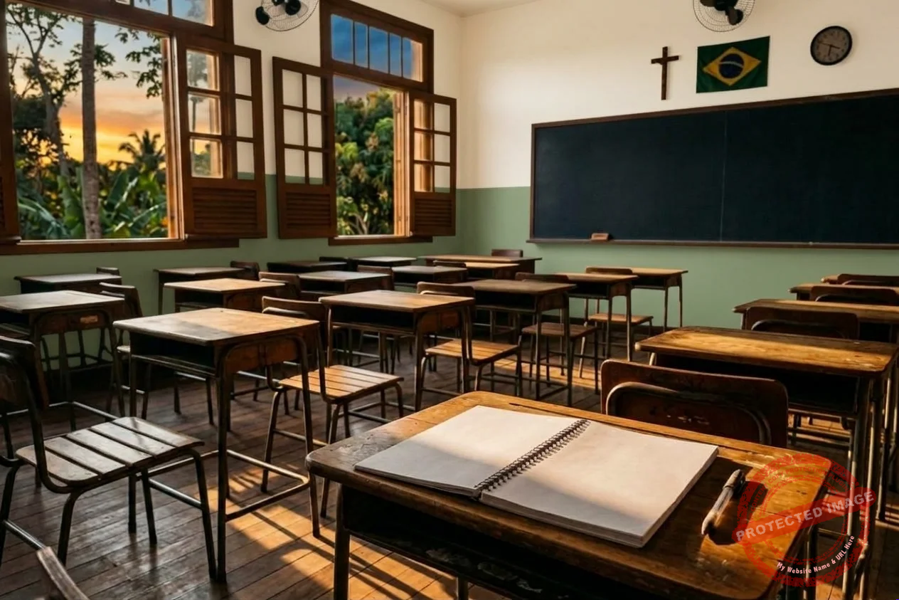 Sala de aula vazia ao entardecer, imagem do ano letivo que termina na transição planetária