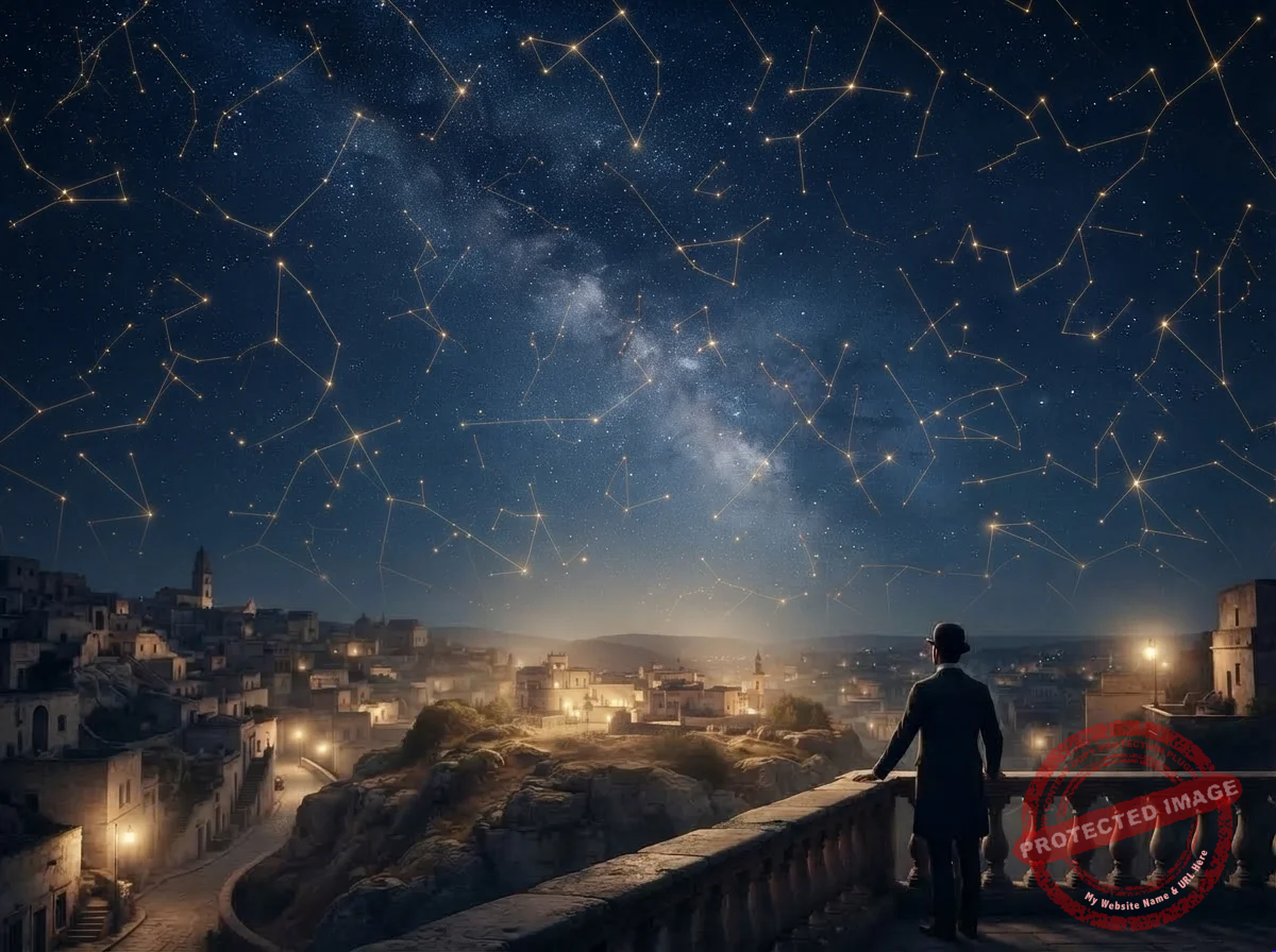 Silhueta humana em uma colina olhando estrelas ligadas por linhas douradas