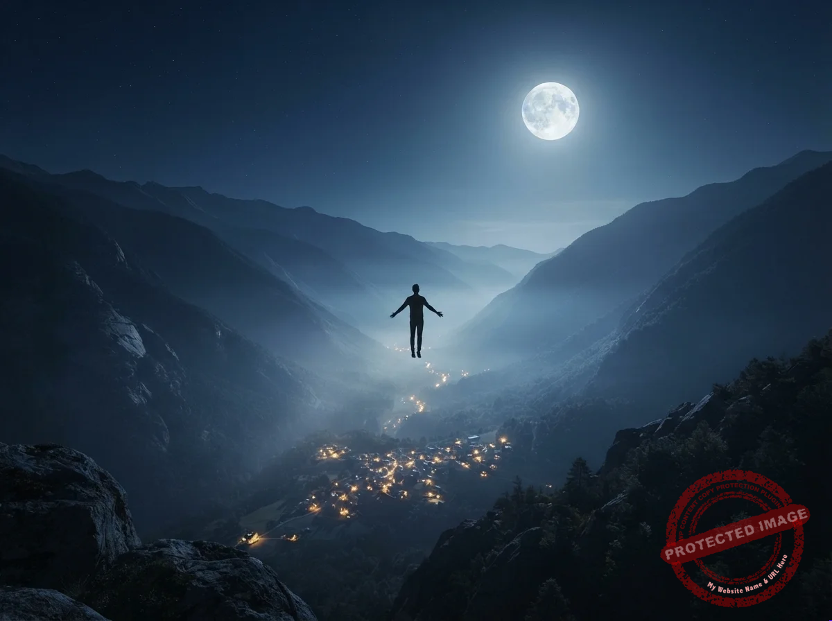 Silhueta humana voando sobre um vale iluminado pela lua, em clima de sonho