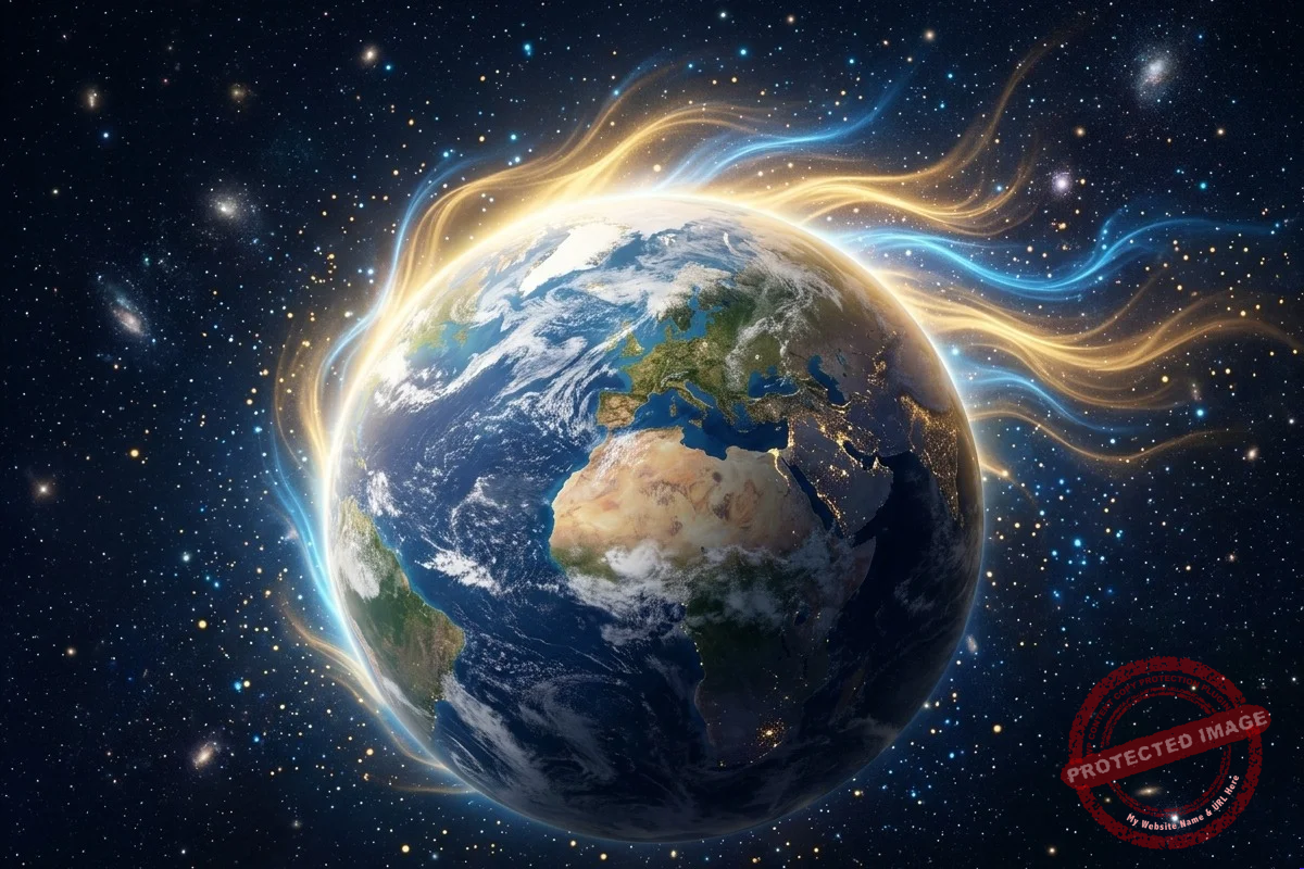 Planeta Terra com luz dourada, símbolo dos sintomas da transição planetária e da mudança de vibração