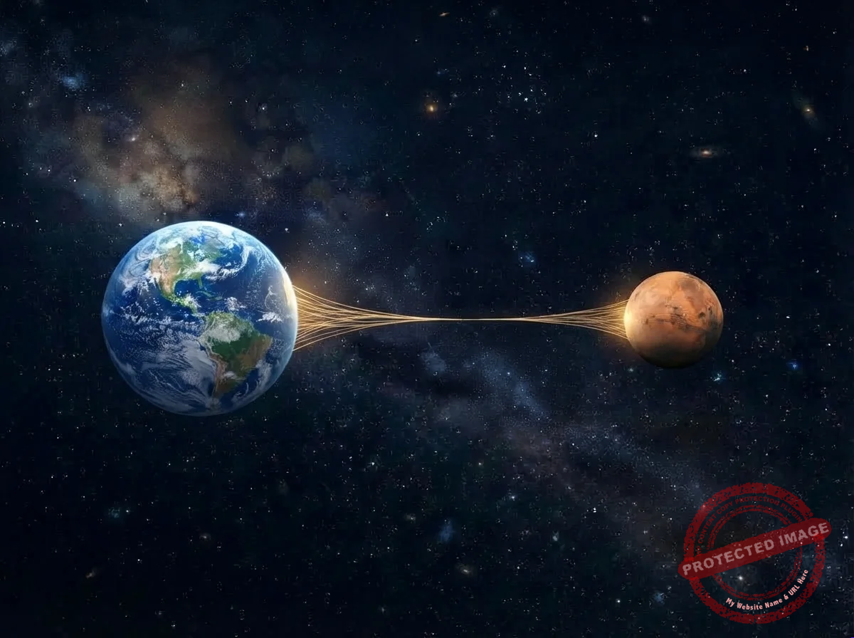 Planetas Terra e Marte no espaço ligados por um fio de luz dourada