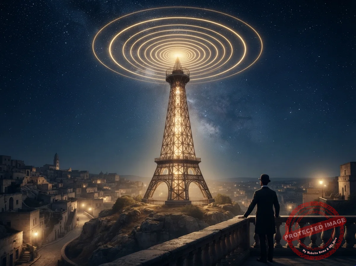 Torre iluminada à noite emitindo ondas circulares de luz dourada em um céu estrelado