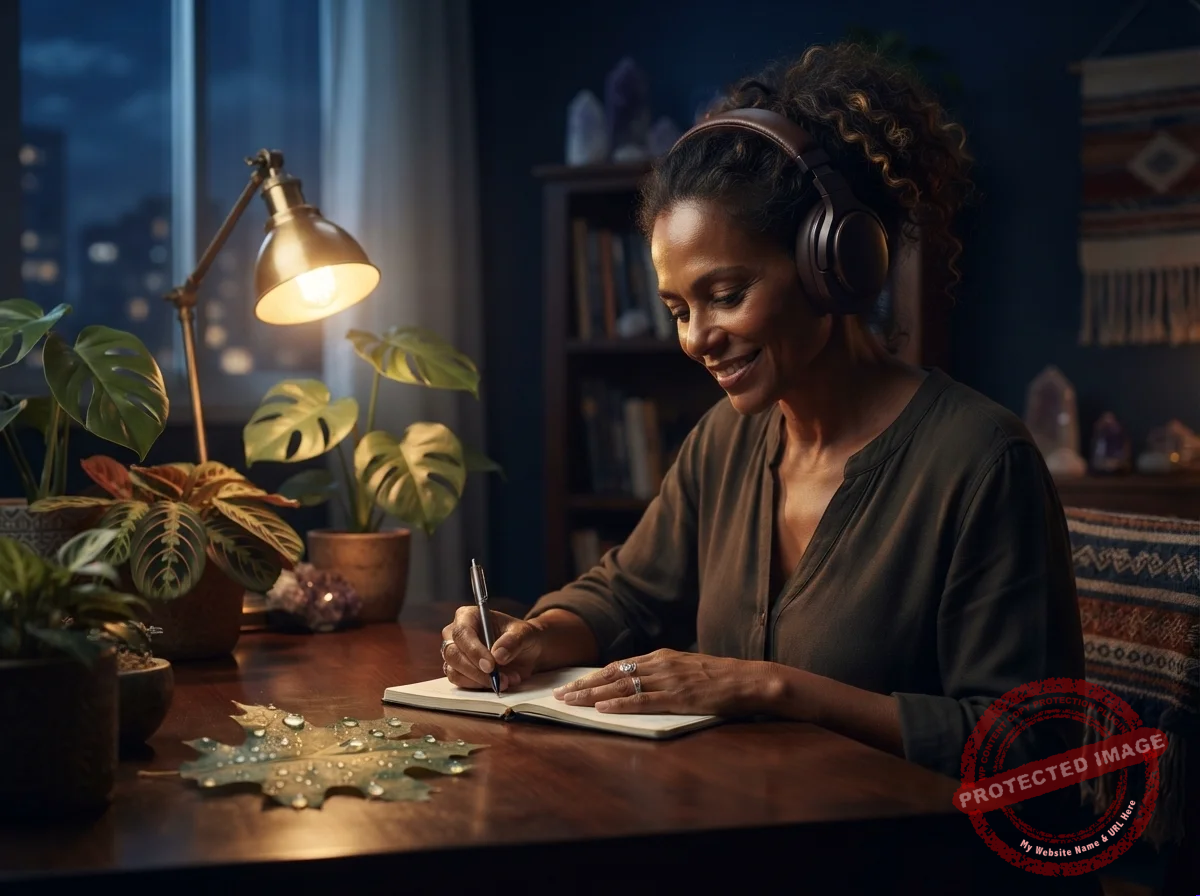 Mulher trabalhando em casa com fones de ouvido em um ambiente calmo com plantas