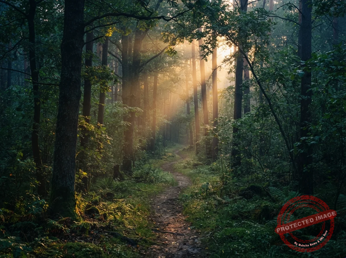 Trilha estreita em uma floresta ao amanhecer com raios de sol entre as árvores