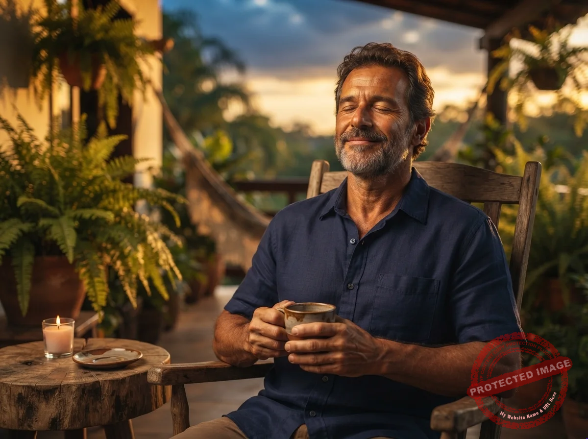 Homem sentado na varanda ao pôr do sol com uma xícara de café e um sorriso tranquilo